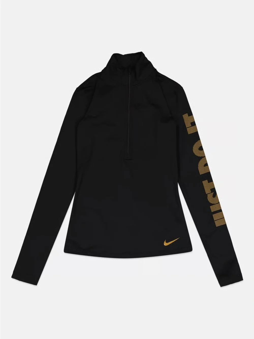 Nike Women’s Black Half-Zip Long-Sleeve Top with Gold Accents